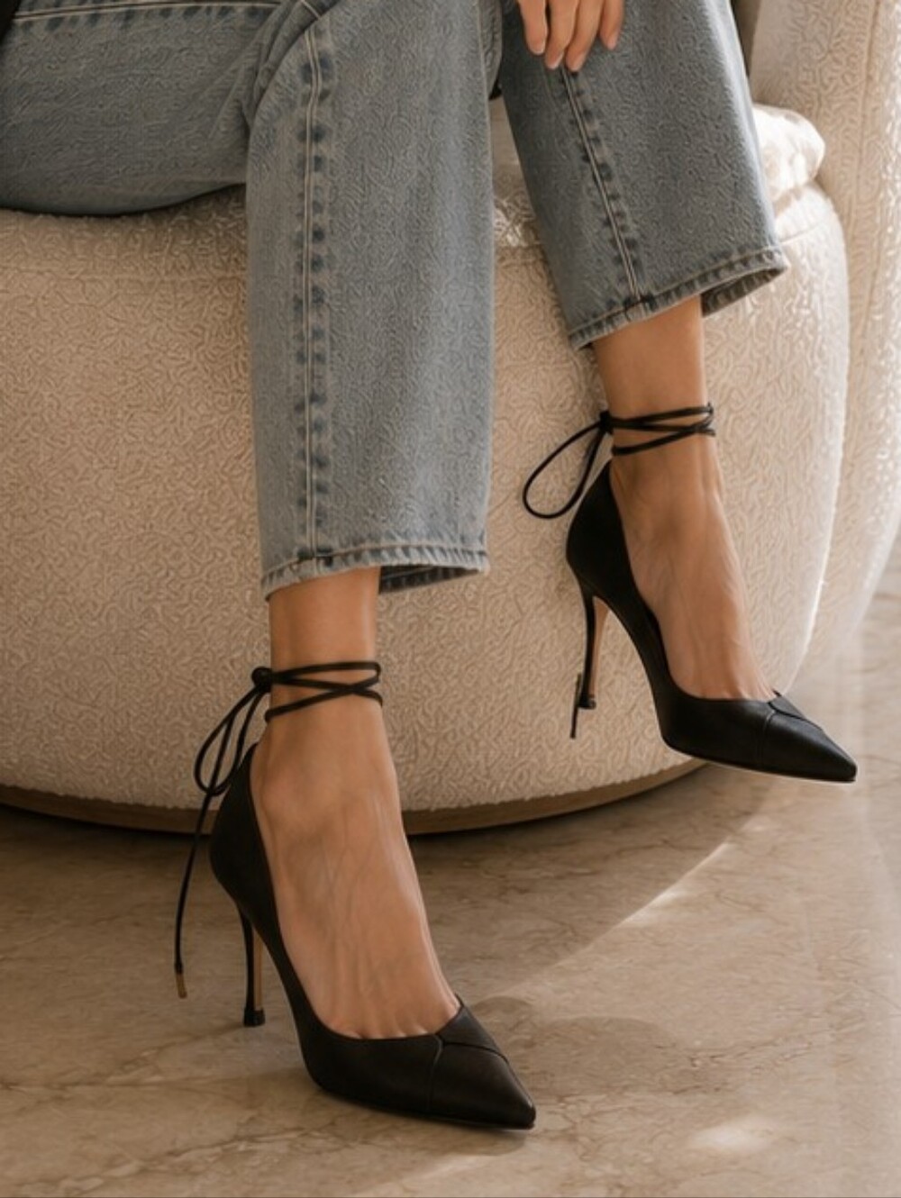 Stuart Weitzman Pryrite Black Pointed-Toe Lace-Up Stiletto Heels | Size 5 - Picture 12 of 13
